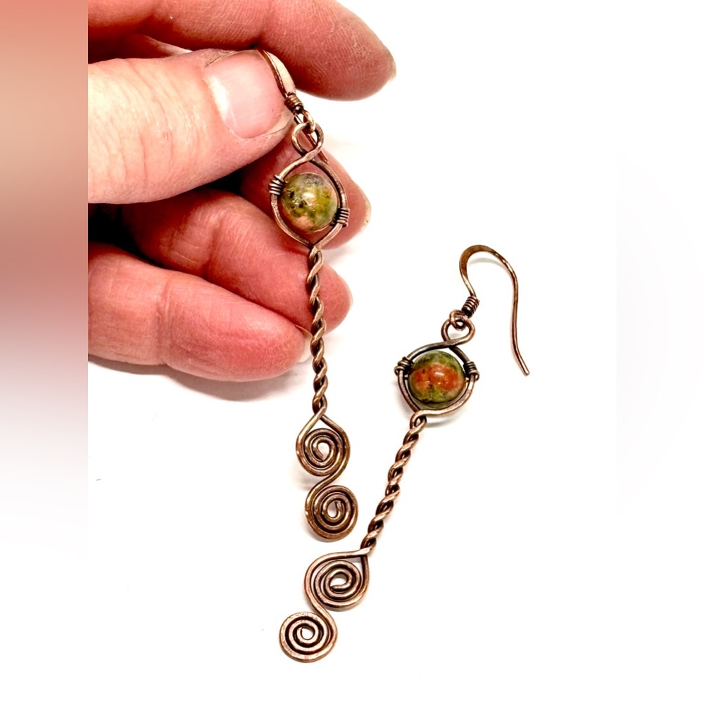 HANDMADE Unakite Hand Wrapped Modern Dangle Earrings, Artisan Jewelry Gift Her